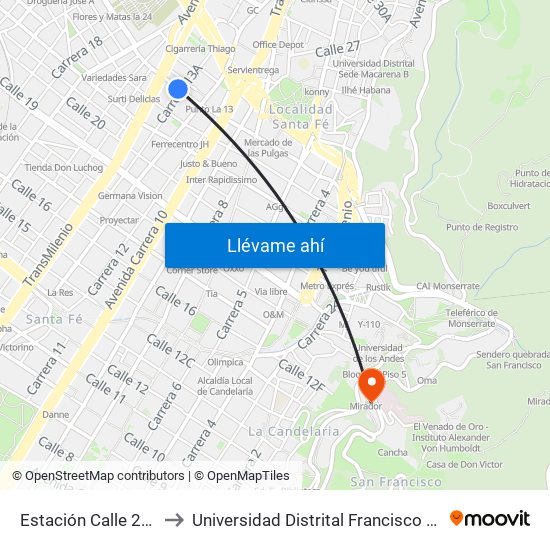 Estación Calle 22 (Cl 24 - Kr 13a) to Universidad Distrital Francisco José De Caldas - Sede Vivero map