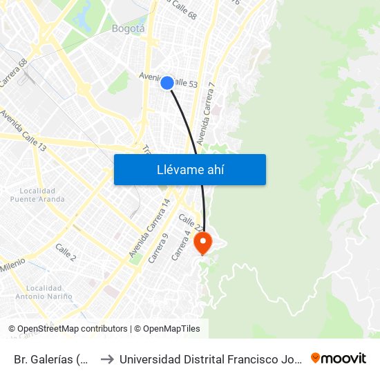 Br. Galerías (Ak 24 - Cl 52) to Universidad Distrital Francisco José De Caldas - Sede Vivero map