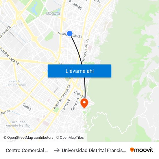 Centro Comercial Galerías (Ak 24 - Ac 53) to Universidad Distrital Francisco José De Caldas - Sede Vivero map