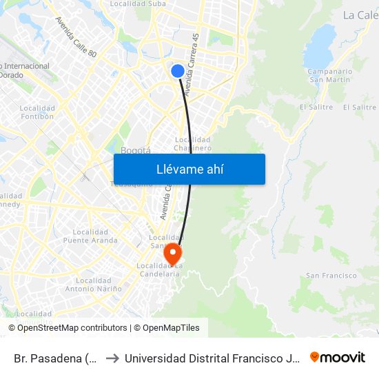 Br. Pasadena (Kr 53 - Cl 107) to Universidad Distrital Francisco José De Caldas - Sede Vivero map