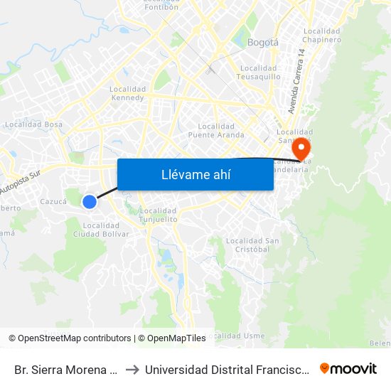 Br. Sierra Morena (Dg 70 Sur - Kr 73d) to Universidad Distrital Francisco José De Caldas - Sede Vivero map