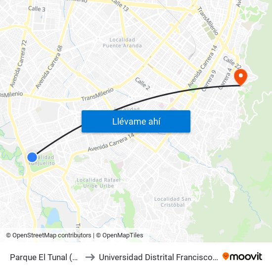 Parque El Tunal (Ak 24 - Av. Boyacá) to Universidad Distrital Francisco José De Caldas - Sede Vivero map