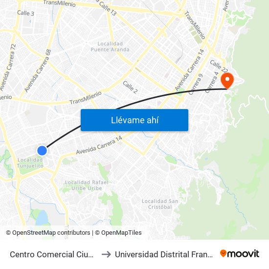 Centro Comercial Ciudad Tunal (Ak 24a - Cl 48b Sur) to Universidad Distrital Francisco José De Caldas - Sede Vivero map