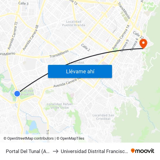 Portal Del Tunal (Av. Boyacá - Ak 24) (A) to Universidad Distrital Francisco José De Caldas - Sede Vivero map