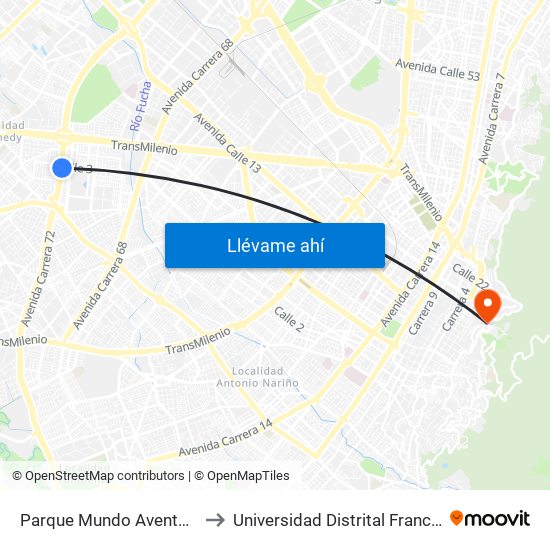 Parque Mundo Aventura (Av. Boyacá - Cl 2a Bis) (A) to Universidad Distrital Francisco José De Caldas - Sede Vivero map