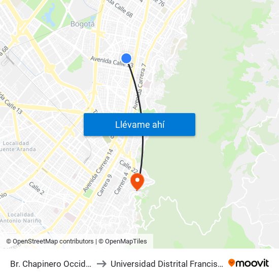 Br. Chapinero Occidental  (Kr 17 - Cl 54a) (A) to Universidad Distrital Francisco José De Caldas - Sede Vivero map