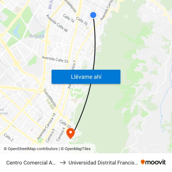 Centro Comercial Andino (Ak 11 - Ac 82) (A) to Universidad Distrital Francisco José De Caldas - Sede Vivero map