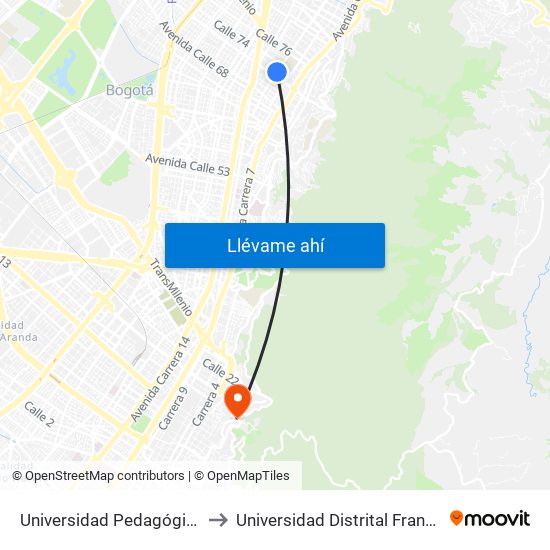 Universidad Pedagógica Nacional (Ak 11 - Ac 72) (A) to Universidad Distrital Francisco José De Caldas - Sede Vivero map