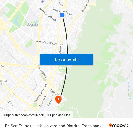 Br. San Felipe (Kr 20a - Cl 74) to Universidad Distrital Francisco José De Caldas - Sede Vivero map