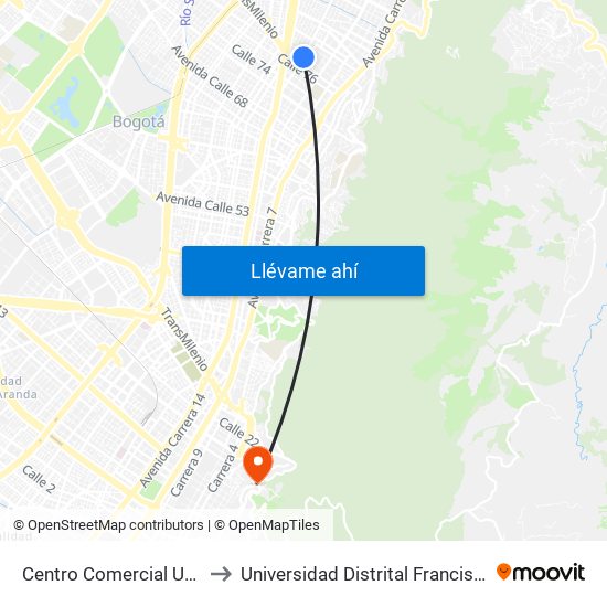 Centro Comercial Unilago (Ak 15 - Cl 79) (A) to Universidad Distrital Francisco José De Caldas - Sede Vivero map