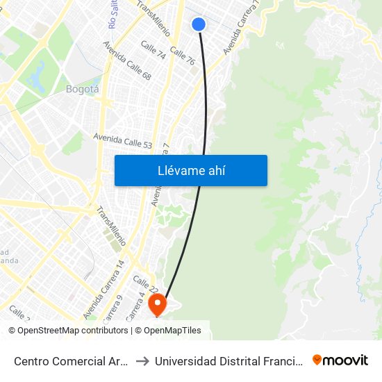 Centro Comercial Artelana (Ak 15 - Cl 86a) (A) to Universidad Distrital Francisco José De Caldas - Sede Vivero map