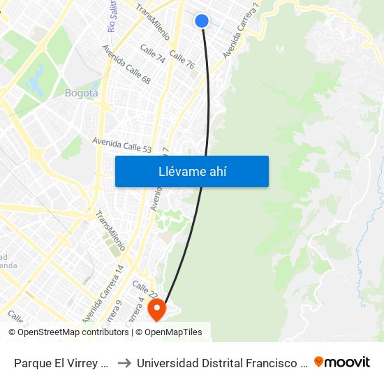 Parque El Virrey (Ak 15 - Cl 87) (A) to Universidad Distrital Francisco José De Caldas - Sede Vivero map