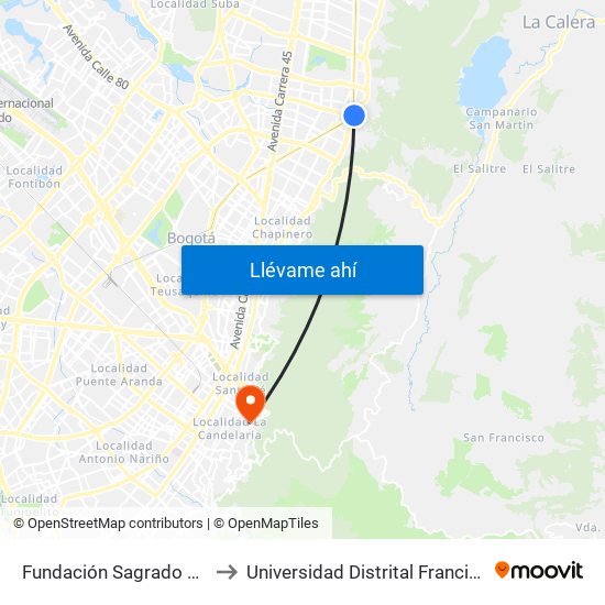 Fundación Sagrado Corazón (Ak 7 - Cl 116) (A) to Universidad Distrital Francisco José De Caldas - Sede Vivero map