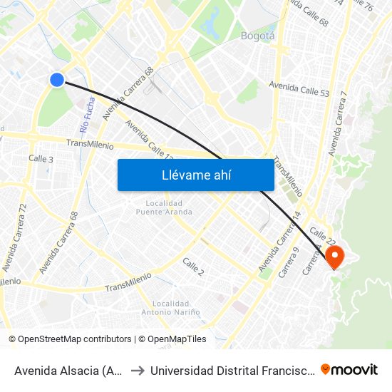 Avenida Alsacia (Av. Boyacá - Cl 11a) (A) to Universidad Distrital Francisco José De Caldas - Sede Vivero map
