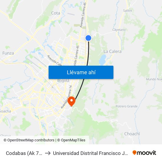 Codabas (Ak 7 - Cl 181a) (A) to Universidad Distrital Francisco José De Caldas - Sede Vivero map