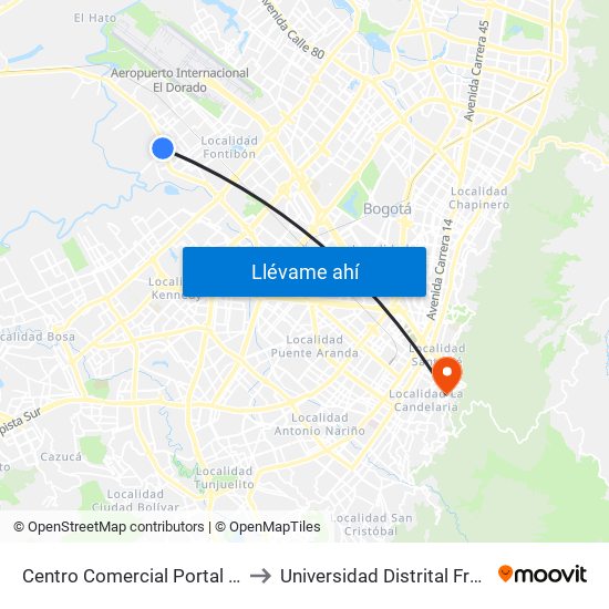 Centro Comercial Portal De La Sabana (Av. Centenario - Kr 106) to Universidad Distrital Francisco José De Caldas - Sede Vivero map