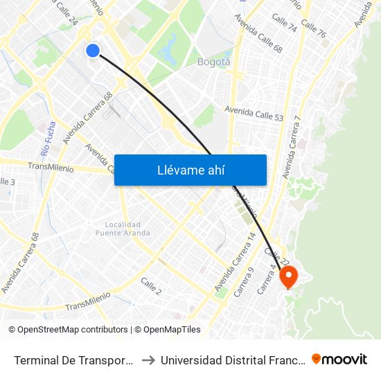 Terminal De Transporte (Av. La Esperanza - Kr 69d) to Universidad Distrital Francisco José De Caldas - Sede Vivero map