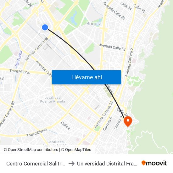 Centro Comercial Salitre Plaza (Av. La Esperanza - Kr 68b) to Universidad Distrital Francisco José De Caldas - Sede Vivero map