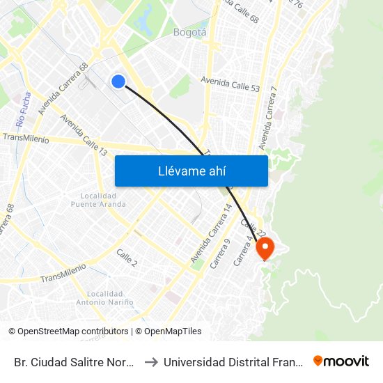 Br. Ciudad Salitre Nororiental (Av. Esperanza - Kr 58) to Universidad Distrital Francisco José De Caldas - Sede Vivero map