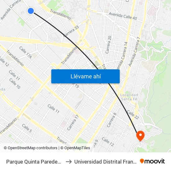 Parque Quinta Paredes Paraíso (Av. Esperanza - Kr 44) to Universidad Distrital Francisco José De Caldas - Sede Vivero map