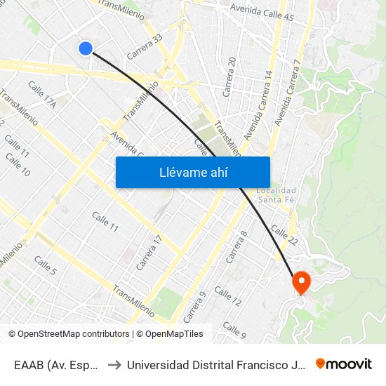 EAAB (Av. Esperanza - Kr 37) to Universidad Distrital Francisco José De Caldas - Sede Vivero map