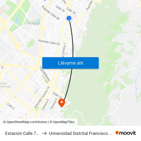 Estación Calle 72 (Ac 72 - Kr 13) to Universidad Distrital Francisco José De Caldas - Sede Vivero map