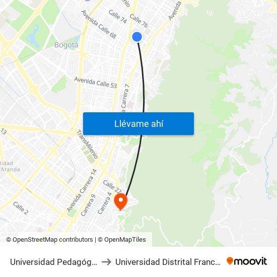 Universidad Pedagógica Nacional (Ac 72 - Ak 11) to Universidad Distrital Francisco José De Caldas - Sede Vivero map