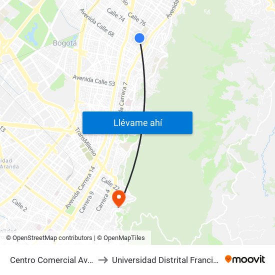 Centro Comercial Avenida Chile (Ac 72 - Kr 10) to Universidad Distrital Francisco José De Caldas - Sede Vivero map