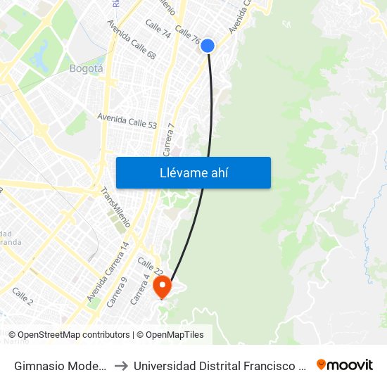 Gimnasio Moderno (Kr 9 - Cl 76) to Universidad Distrital Francisco José De Caldas - Sede Vivero map