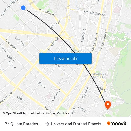 Br. Quinta Paredes (Av. Esperanza - Kr 45) to Universidad Distrital Francisco José De Caldas - Sede Vivero map