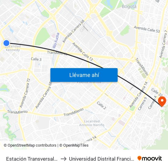 Estación Transversal 86 (Av. Américas - Kr 80c) to Universidad Distrital Francisco José De Caldas - Sede Vivero map