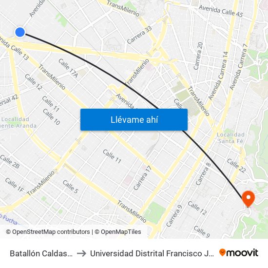 Batallón Caldas (Ak 50 - Cl 15) to Universidad Distrital Francisco José De Caldas - Sede Vivero map