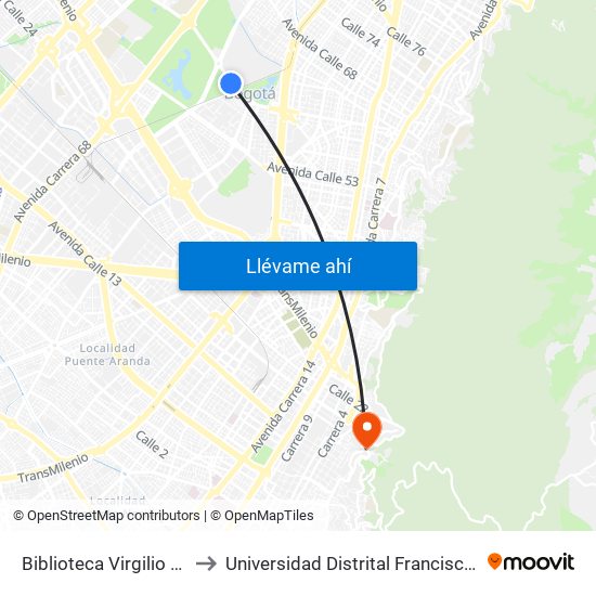 Biblioteca Virgilio Barco (Ac 63 - Kr 47) to Universidad Distrital Francisco José De Caldas - Sede Vivero map