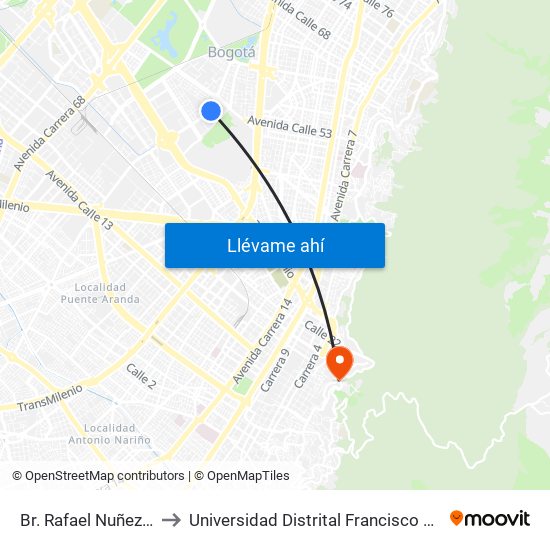 Br. Rafael Nuñez (Ak 50 - Cl 44f) to Universidad Distrital Francisco José De Caldas - Sede Vivero map