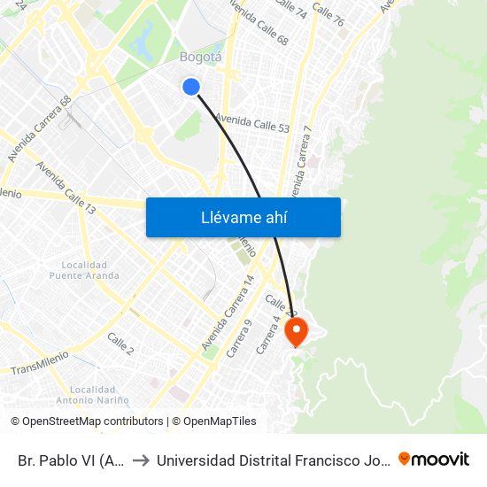 Br. Pablo VI (Ak 50 - Cl 57d) to Universidad Distrital Francisco José De Caldas - Sede Vivero map