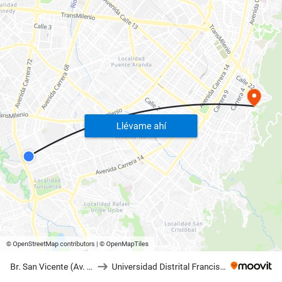 Br. San Vicente (Av. J. Gaitán C. - Cl 53b Sur) to Universidad Distrital Francisco José De Caldas - Sede Vivero map