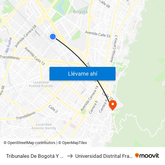 Tribunales De Bogotá Y Cundinamarca (Av. Esperanza - Kr 53) to Universidad Distrital Francisco José De Caldas - Sede Vivero map