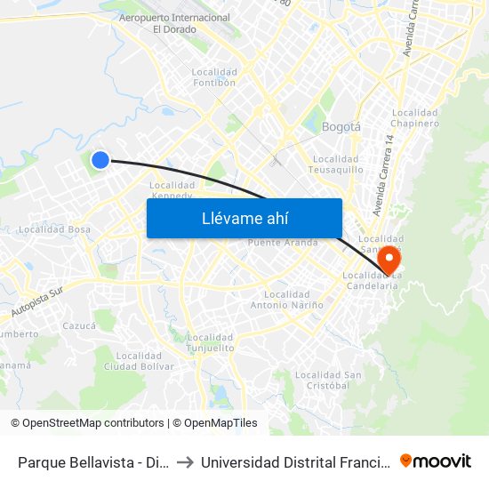 Parque Bellavista - Dindalito (Kr 95 - Cl 42b Sur) to Universidad Distrital Francisco José De Caldas - Sede Vivero map