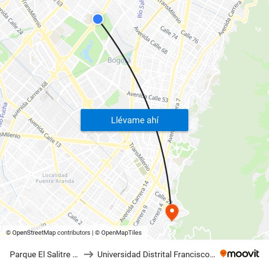 Parque El Salitre (Ak 68 - Ac 63) (A) to Universidad Distrital Francisco José De Caldas - Sede Vivero map