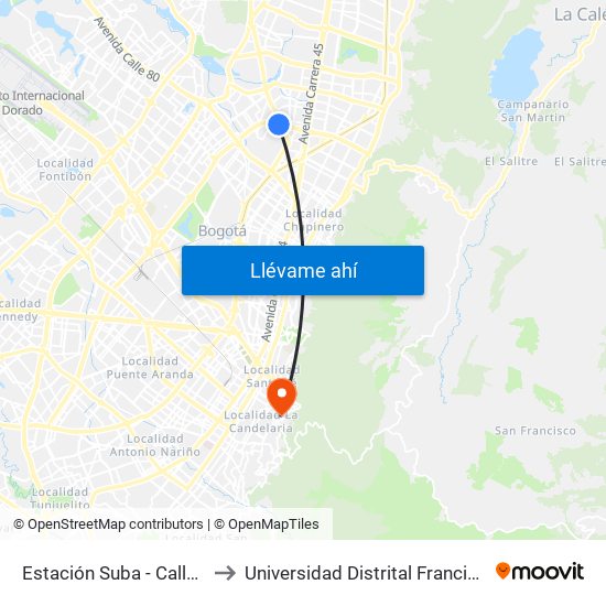 Estación Suba - Calle 100 (Ac 100 - Kr 60) (A) to Universidad Distrital Francisco José De Caldas - Sede Vivero map