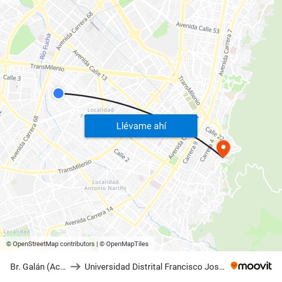 Br. Galán (Ac 3 - Kr 56a) to Universidad Distrital Francisco José De Caldas - Sede Vivero map