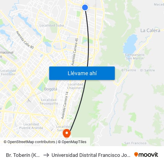 Br. Toberín (Kr 21 - Cl 169) to Universidad Distrital Francisco José De Caldas - Sede Vivero map