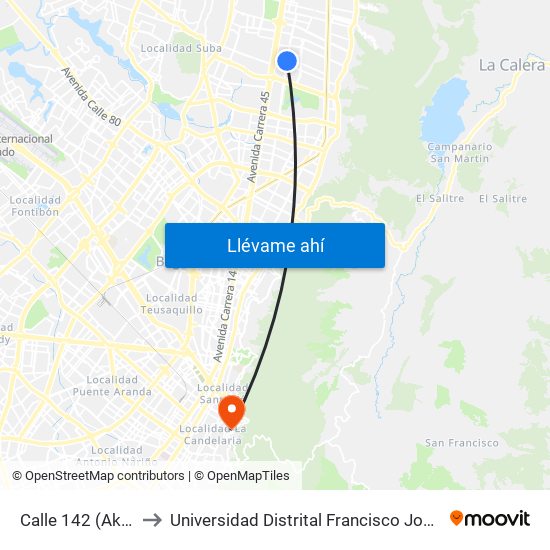 Calle 142 (Ak 19 - Cl 142) to Universidad Distrital Francisco José De Caldas - Sede Vivero map