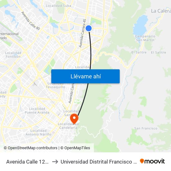 Avenida Calle 127 (Ak 19 - Cl 126) to Universidad Distrital Francisco José De Caldas - Sede Vivero map