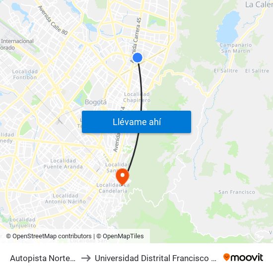 Autopista Norte (Ac 100 - Kr 21) to Universidad Distrital Francisco José De Caldas - Sede Vivero map