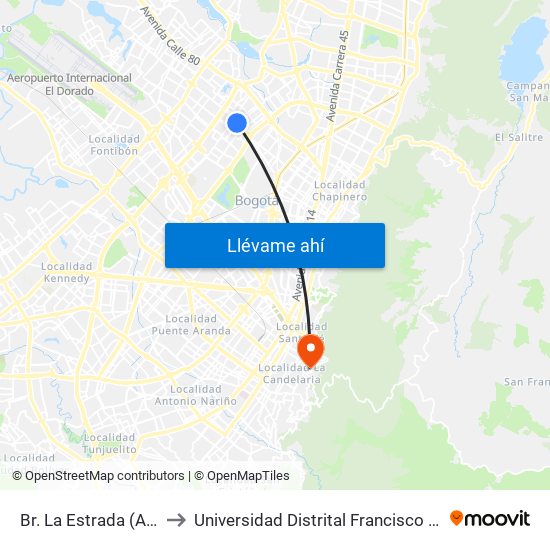 Br. La Estrada (Ac 72 - Kr 69k) (A) to Universidad Distrital Francisco José De Caldas - Sede Vivero map