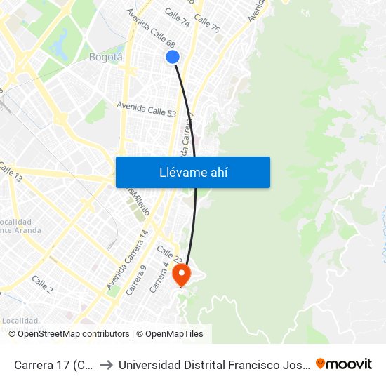 Carrera 17 (Cl 66 - Kr 17) to Universidad Distrital Francisco José De Caldas - Sede Vivero map