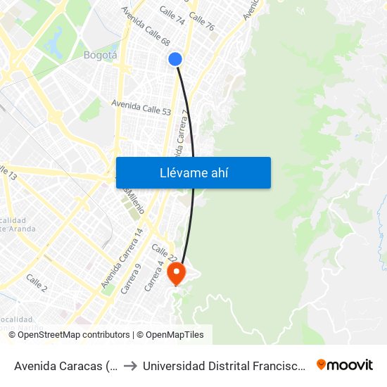 Avenida Caracas (Cl 66 - Av. Caracas) to Universidad Distrital Francisco José De Caldas - Sede Vivero map