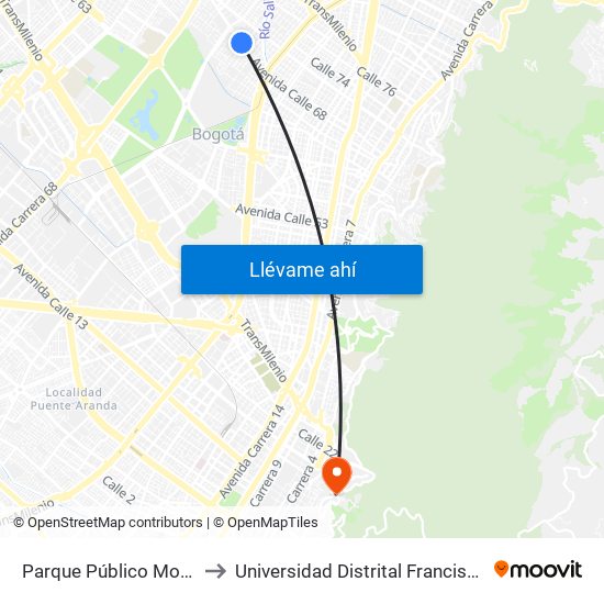 Parque Público Modelo (Ac 68 - Kr 57) (A) to Universidad Distrital Francisco José De Caldas - Sede Vivero map
