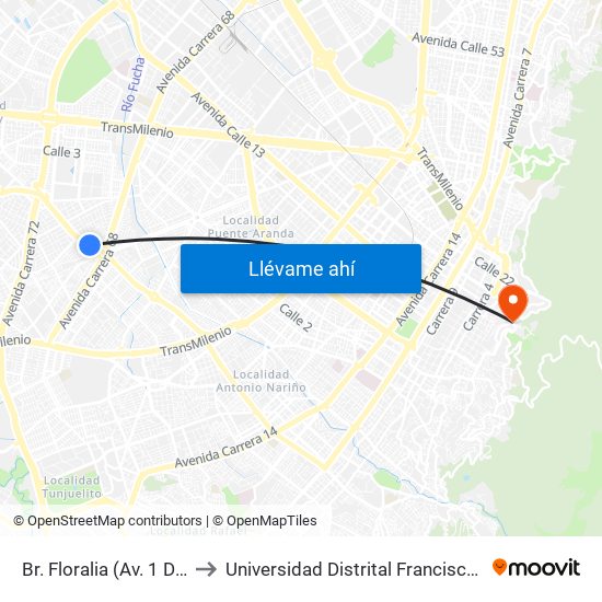 Br. Floralia (Av. 1 De Mayo - Kr 68d) (A) to Universidad Distrital Francisco José De Caldas - Sede Vivero map